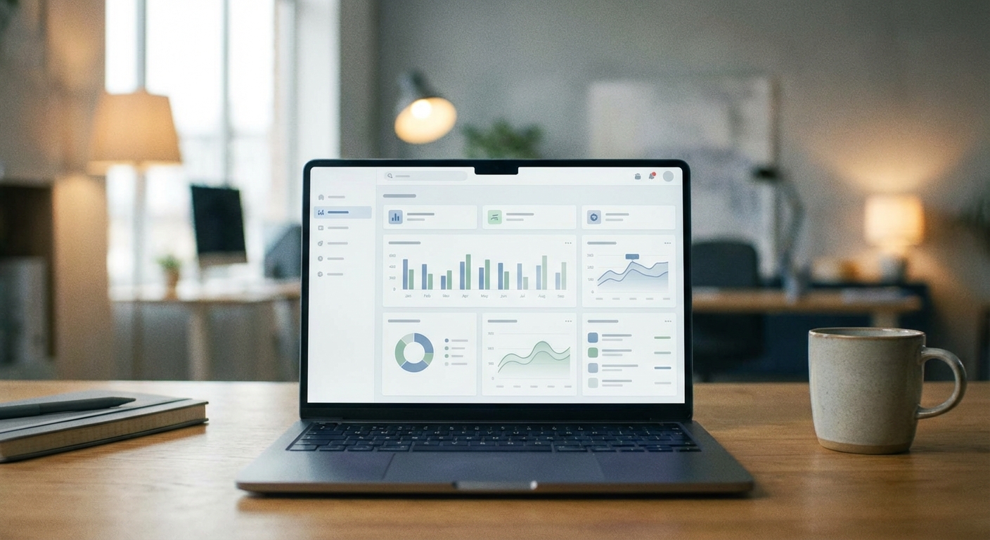 A laptop with a dashboard in a home office